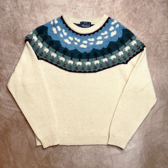 Vintage 90s Woolrich Woman Sheep Clouds Fair Isles Sweater Knit Orchard Cottage - Picture 1 of 10